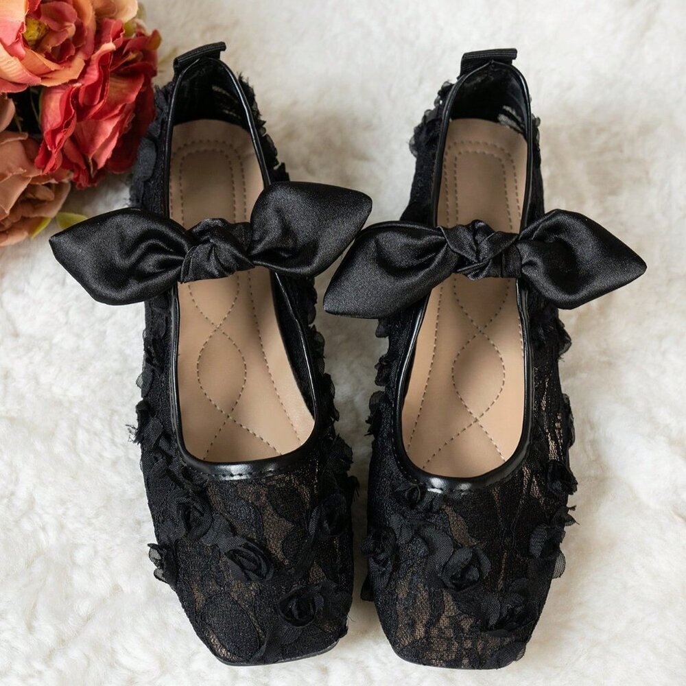 Black Elegant Women's Flower Big Bow Decor Flats